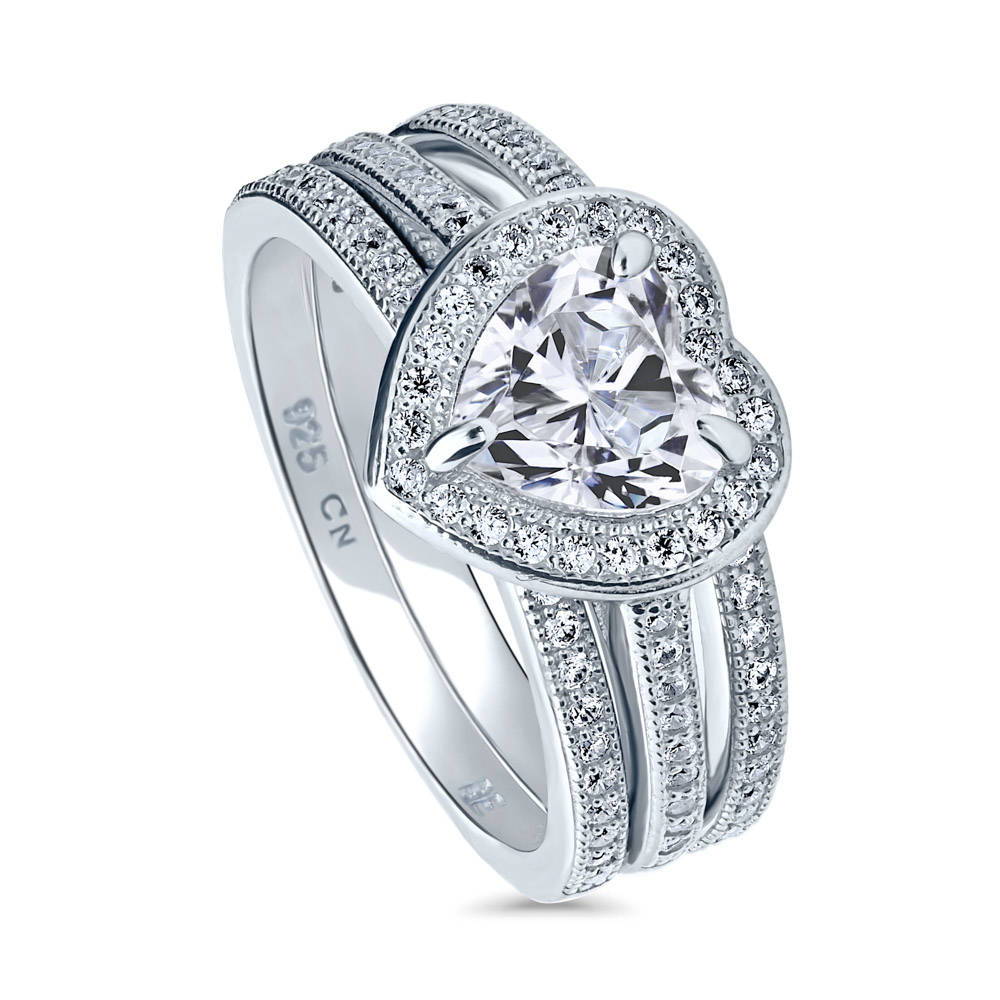 Front view of Halo Heart CZ Ring Set in Sterling Silver, 4 of 7
