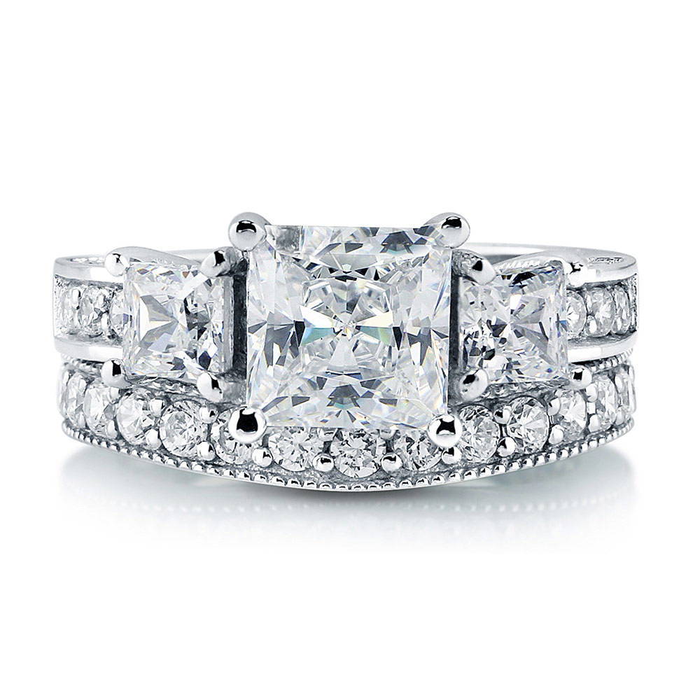 3-Stone Princess CZ Ring Set in Sterling Silver