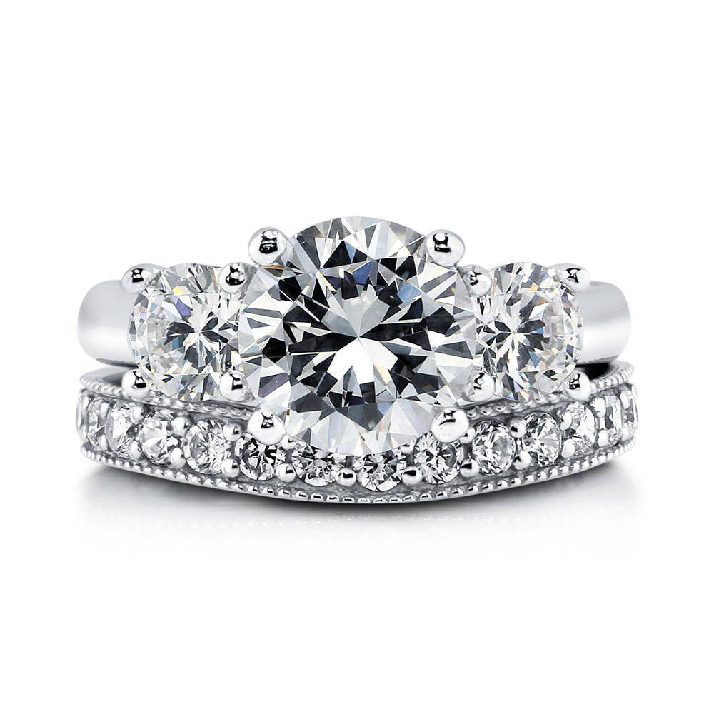 3-Stone Round CZ Ring Set in Sterling Silver