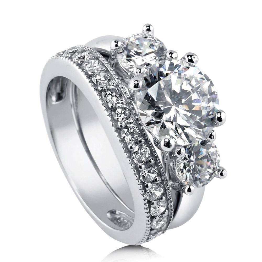 3-Stone Round CZ Ring Set in Sterling Silver