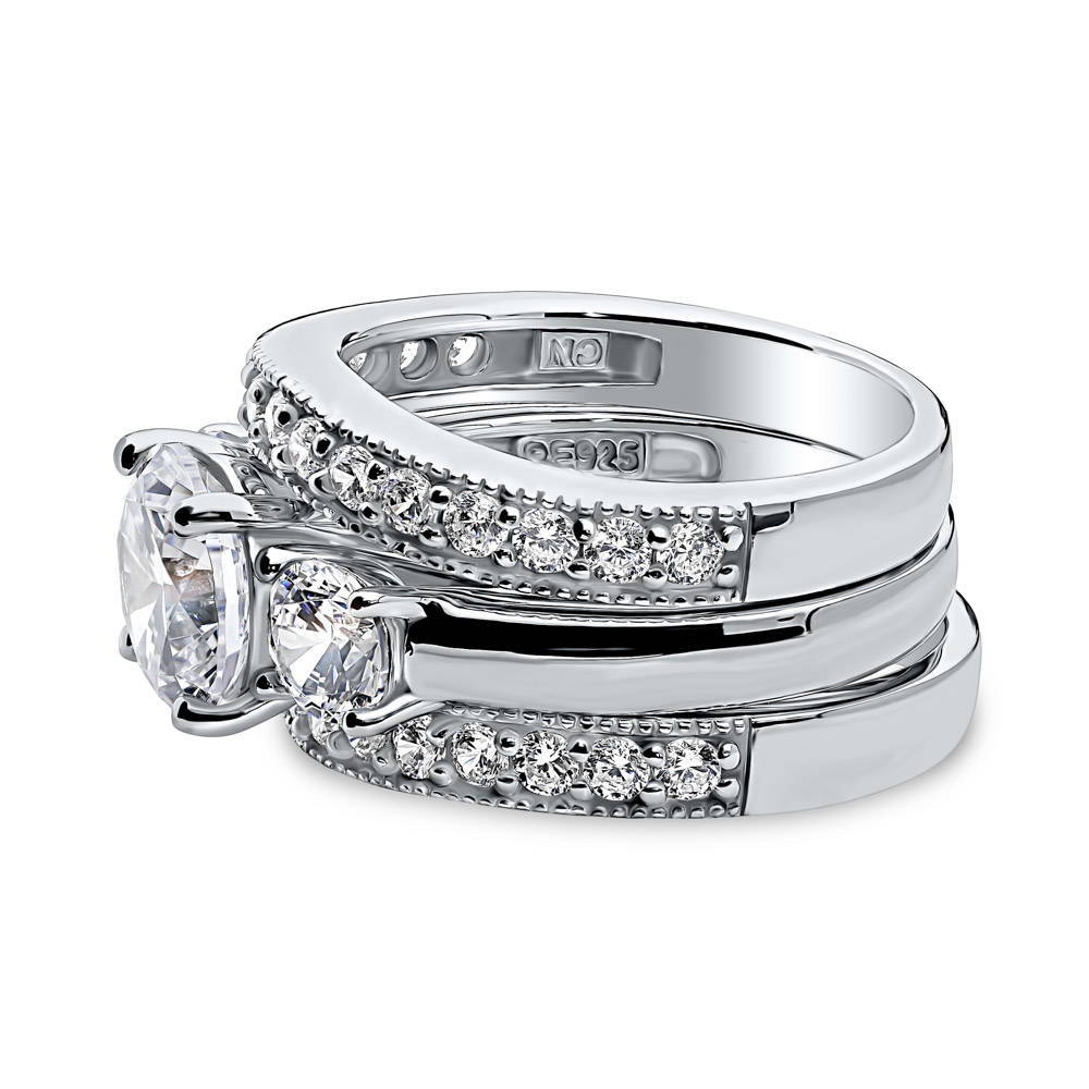 Angle view of 3-Stone Round CZ Ring Set in Sterling Silver, 4 of 11