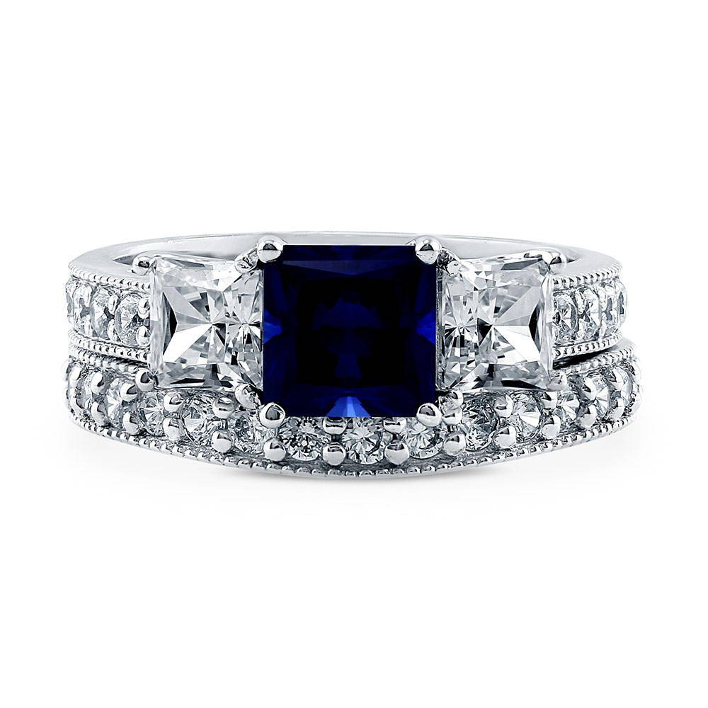 3-Stone Simulated Blue Sapphire Princess CZ Ring Set in Sterling Silver