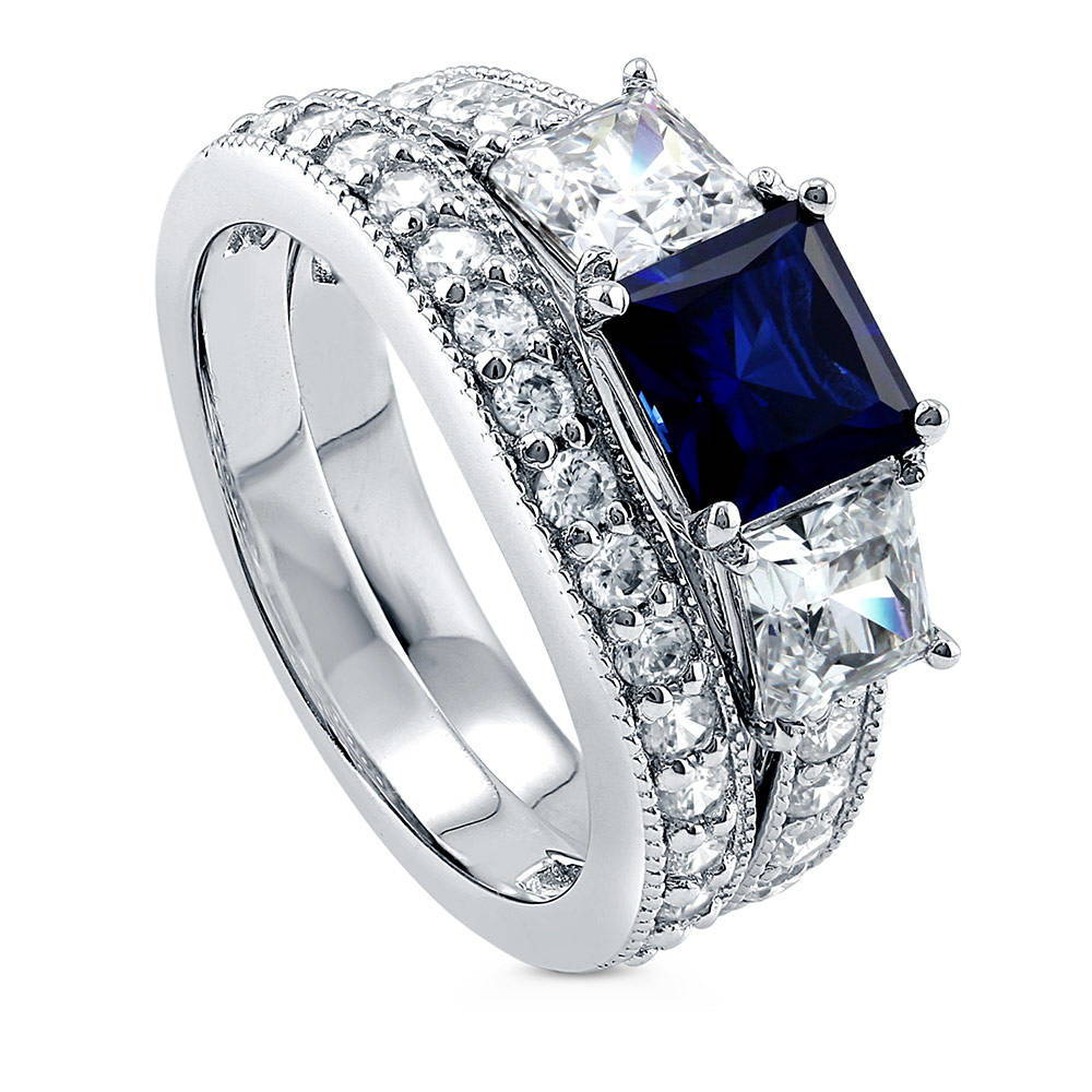 3-Stone Simulated Blue Sapphire Princess CZ Ring Set in Sterling Silver