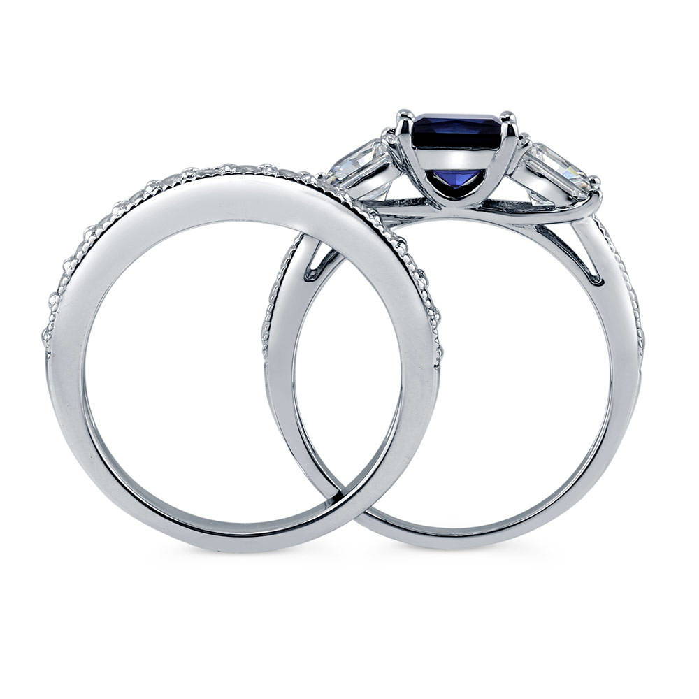 3-Stone Simulated Blue Sapphire Princess CZ Ring Set in Sterling Silver