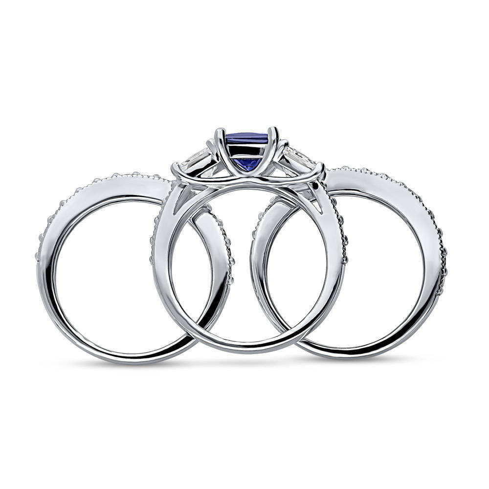 3-Stone Sapphire-Blue Princess CZ Ring Set in Sterling Silver