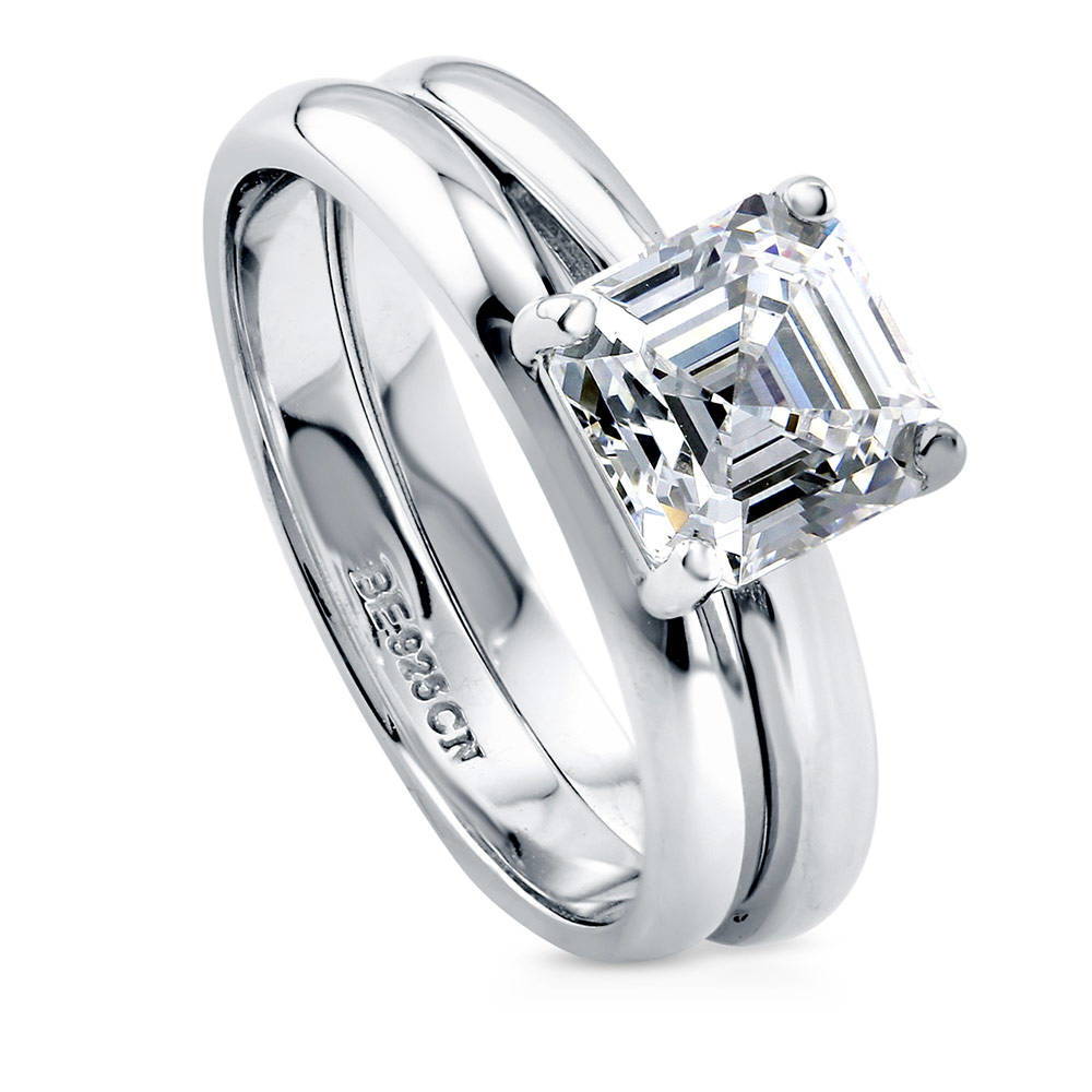 Front view of Solitaire 2ct Asscher CZ Ring Set in Sterling Silver, 4 of 8