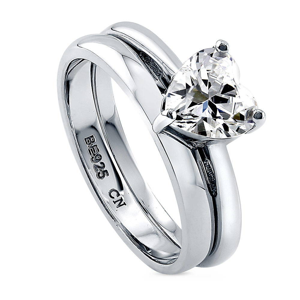 Front view of Heart Solitaire CZ Ring Set in Sterling Silver, 4 of 7