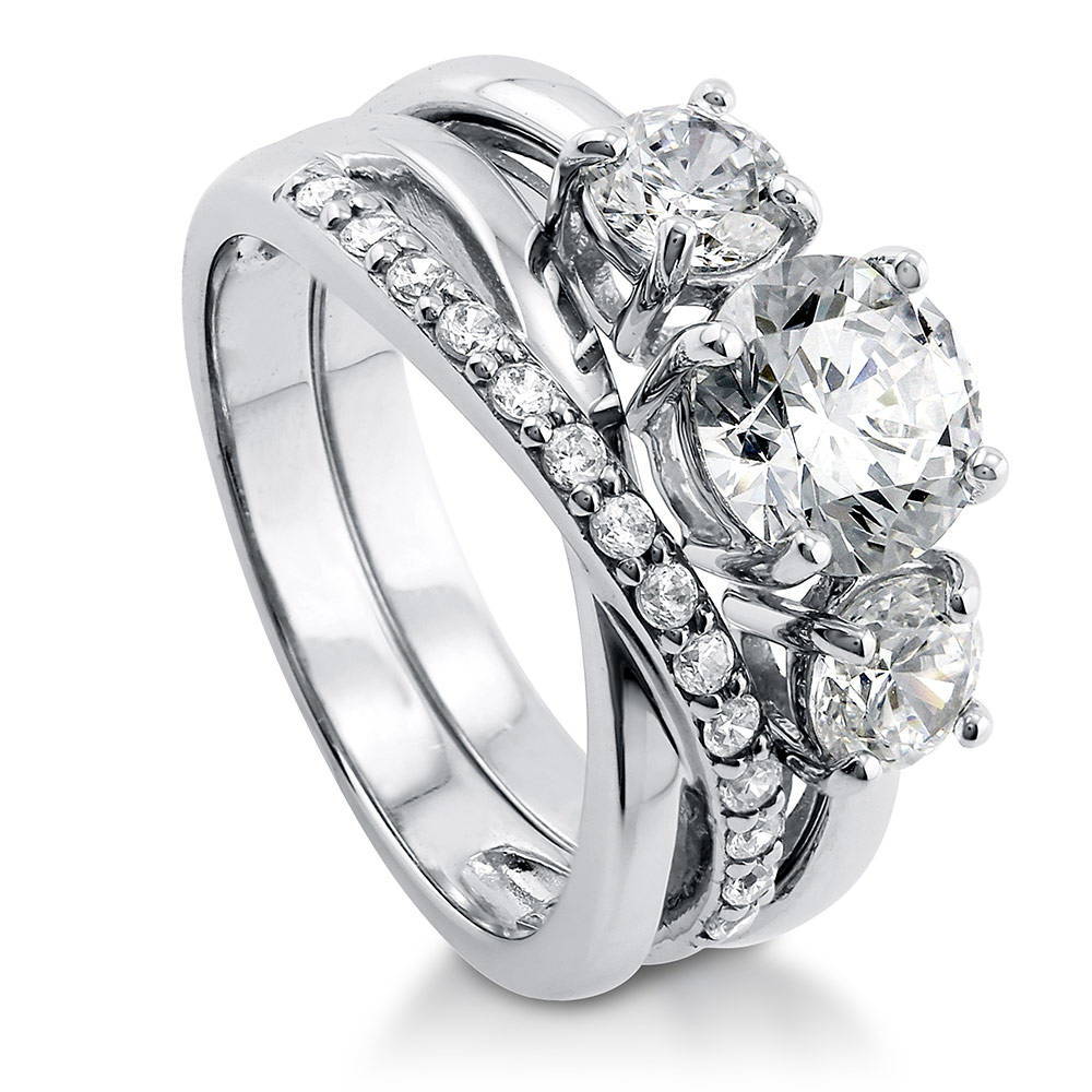 Front view of 3-Stone Criss Cross Round CZ Ring Set in Sterling Silver, 3 of 12