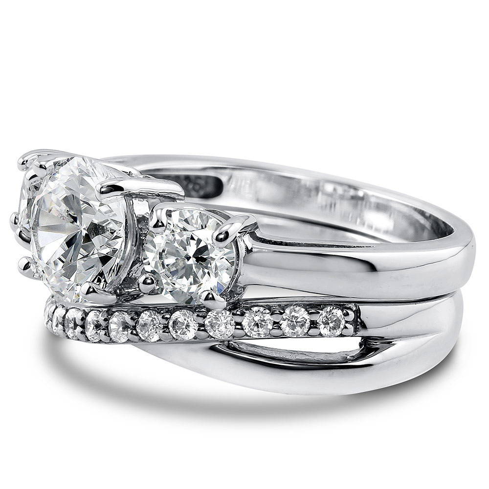 Angle view of 3-Stone Criss Cross Round CZ Ring Set in Sterling Silver, 4 of 12