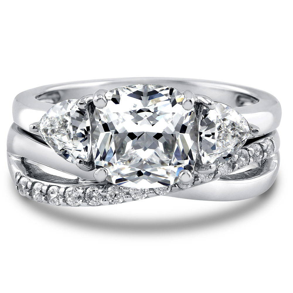 3-Stone Criss Cross Cushion CZ Ring Set in Sterling Silver, 1 of 14