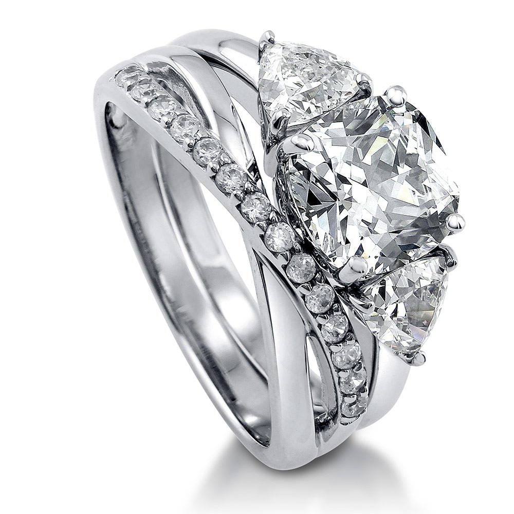 Front view of 3-Stone Criss Cross Cushion CZ Ring Set in Sterling Silver, 3 of 13