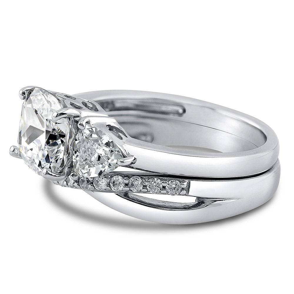 Angle view of 3-Stone Criss Cross Cushion CZ Ring Set in Sterling Silver, 4 of 13