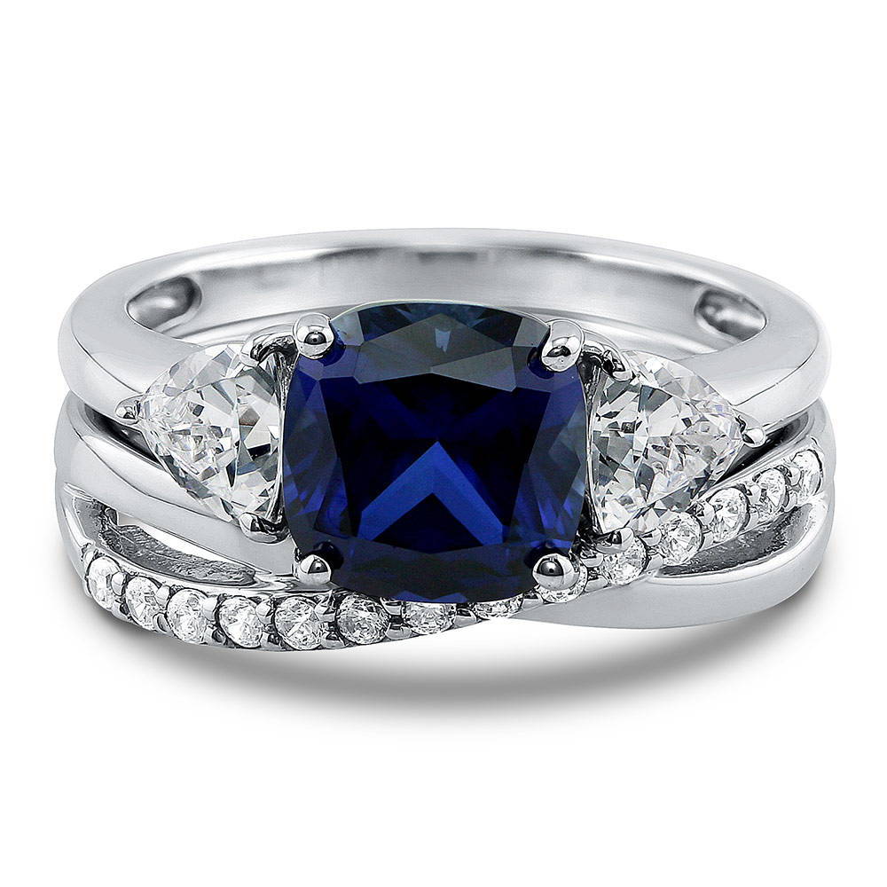 3-Stone Simulated Blue Sapphire Cushion CZ Ring Set in Sterling Silver