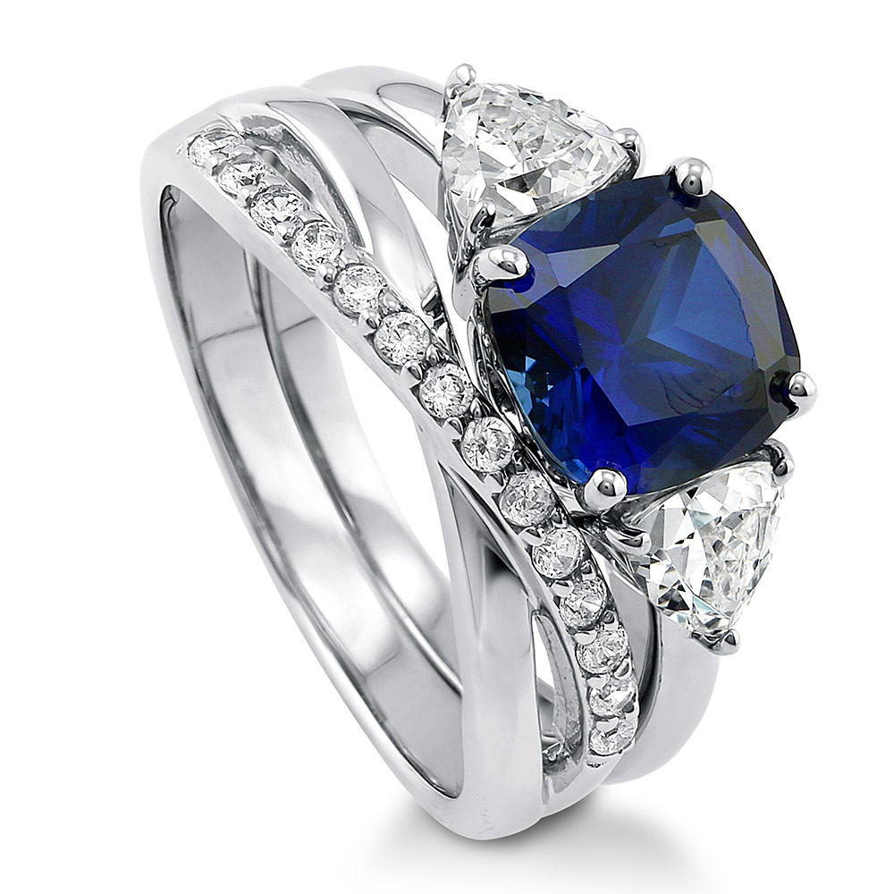 3-Stone Simulated Blue Sapphire Cushion CZ Ring Set in Sterling Silver