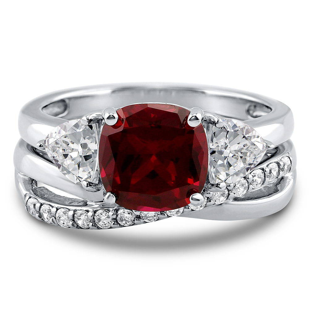 3-Stone Simulated Ruby Cushion CZ Ring Set in Sterling Silver