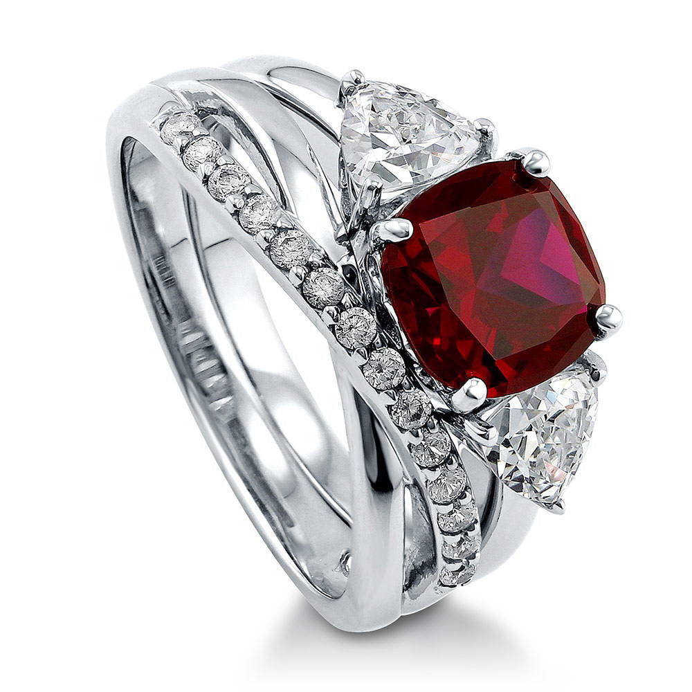 3-Stone Simulated Ruby Cushion CZ Ring Set in Sterling Silver