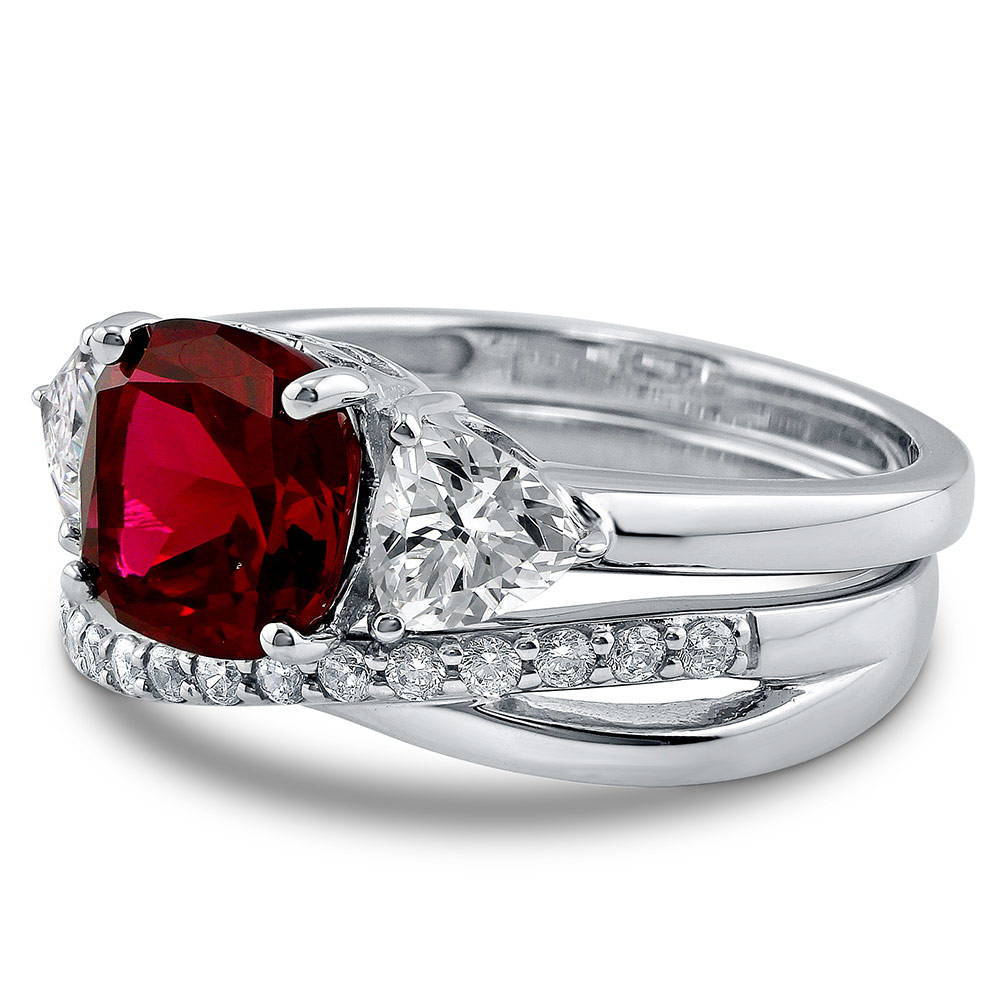 3-Stone Simulated Ruby Cushion CZ Ring Set in Sterling Silver