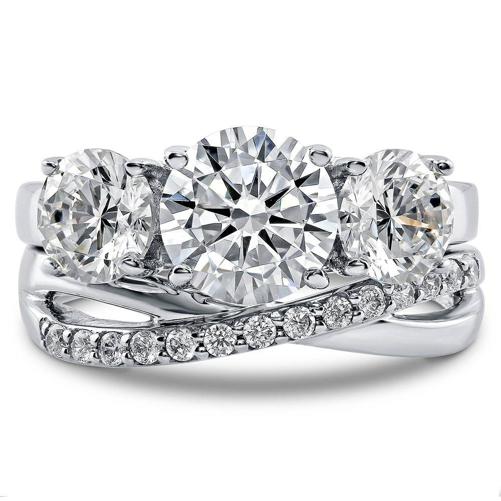 3-Stone Criss Cross Round CZ Ring Set in Sterling Silver