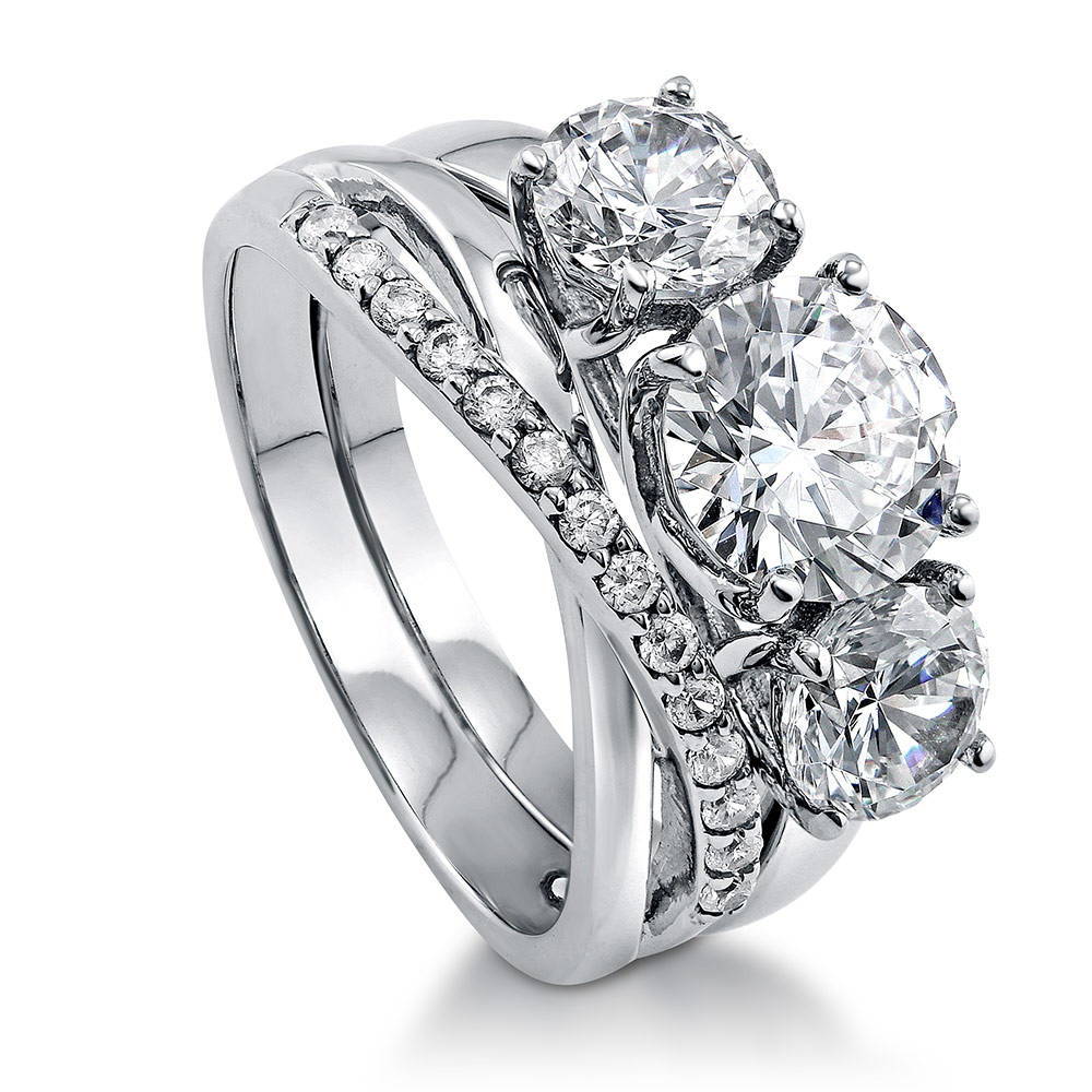 3-Stone Criss Cross Round CZ Ring Set in Sterling Silver