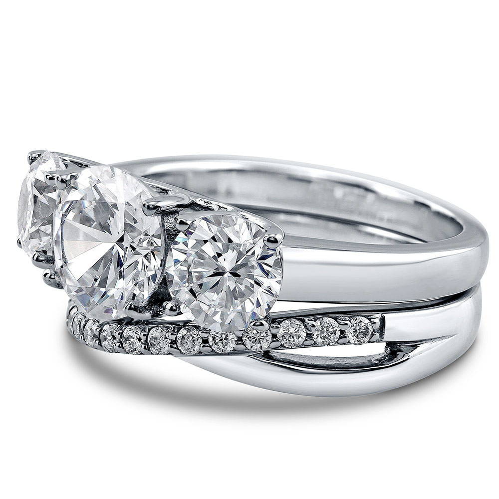 3-Stone Criss Cross Round CZ Ring Set in Sterling Silver