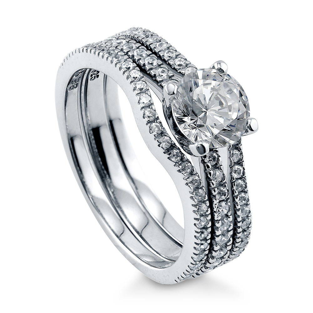 Front view of Solitaire 1ct Round CZ Ring Set in Sterling Silver, 3 of 10