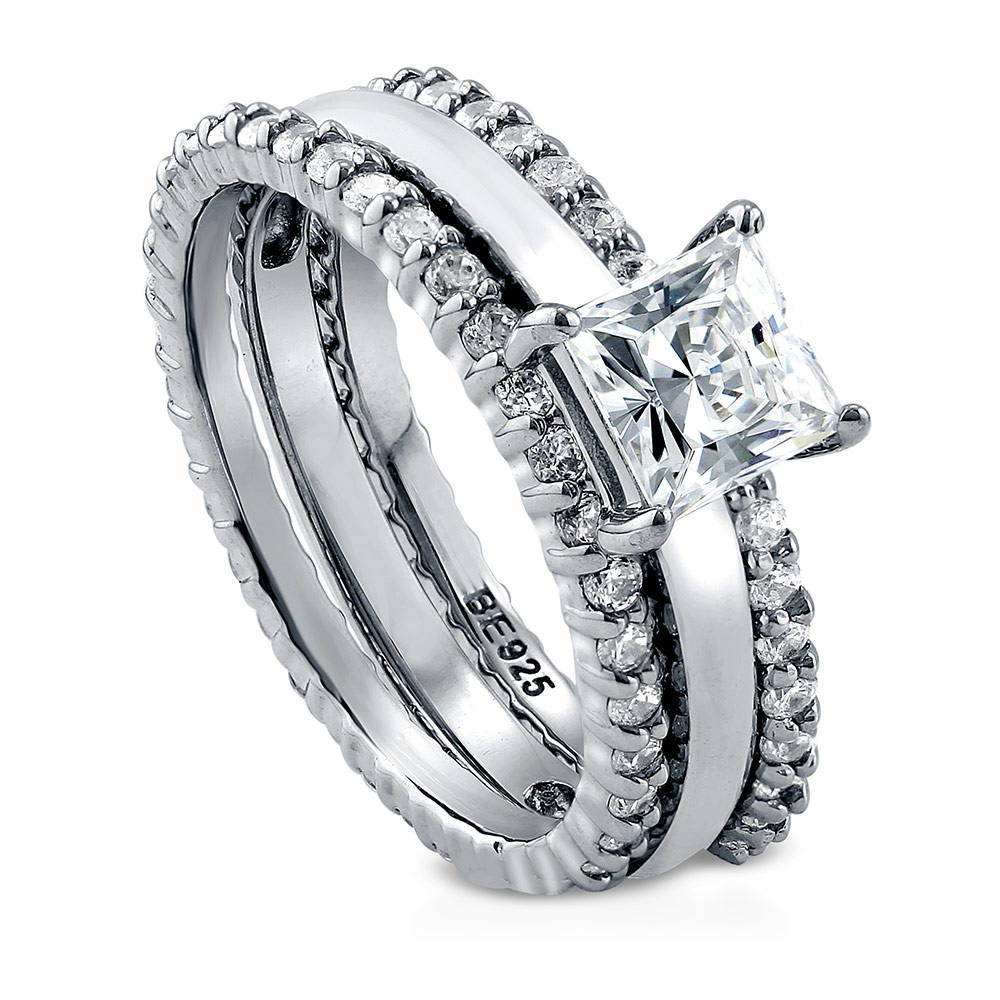Front view of Solitaire 1ct Princess CZ Ring Set in Sterling Silver, 3 of 10