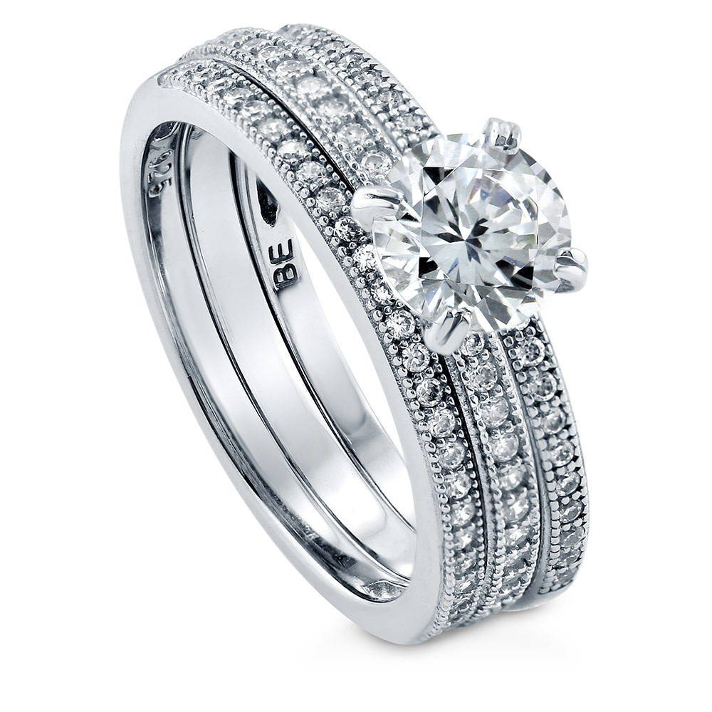 Solitaire 1ct Round CZ Ring Set in Sterling Silver