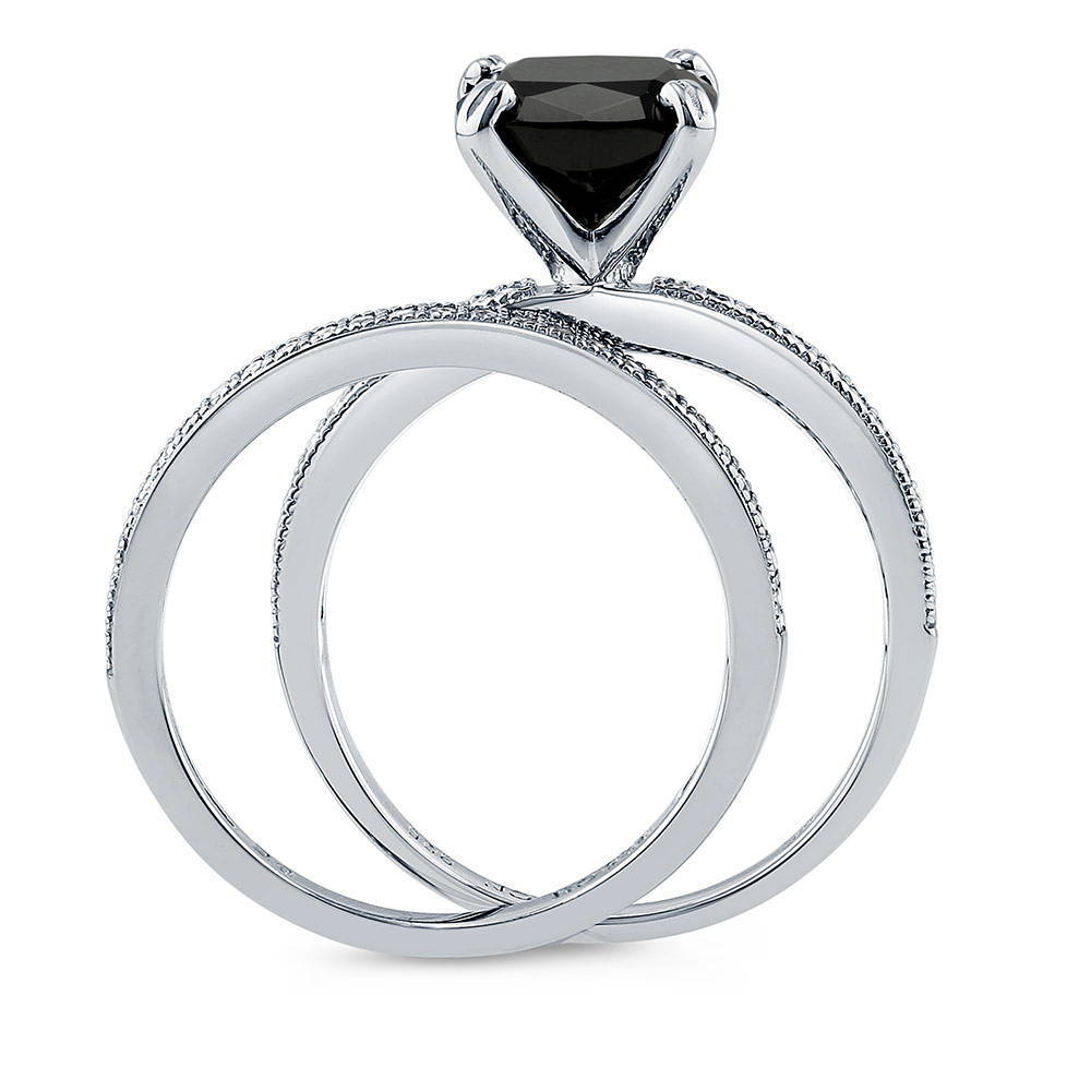 Solitaire 3ct Black Cushion CZ Stackable Ring Set in Sterling Silver