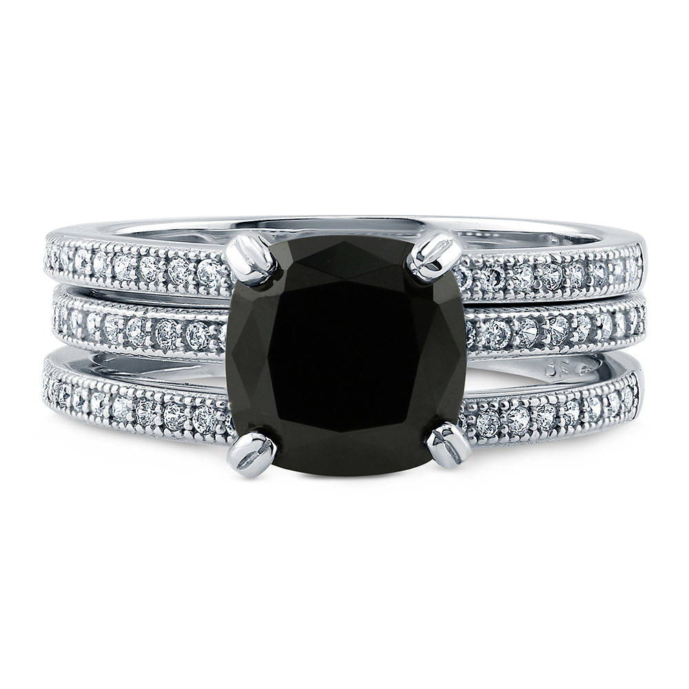 Solitaire 3ct Black Cushion CZ Stackable Ring Set in Sterling Silver, 1 of 9
