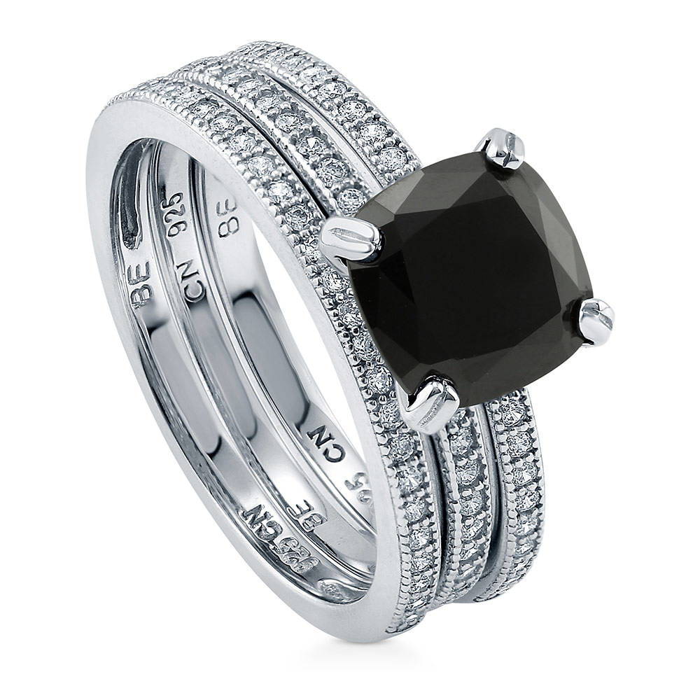 Front view of Solitaire 3ct Black Cushion CZ Stackable Ring Set in Sterling Silver, 4 of 9