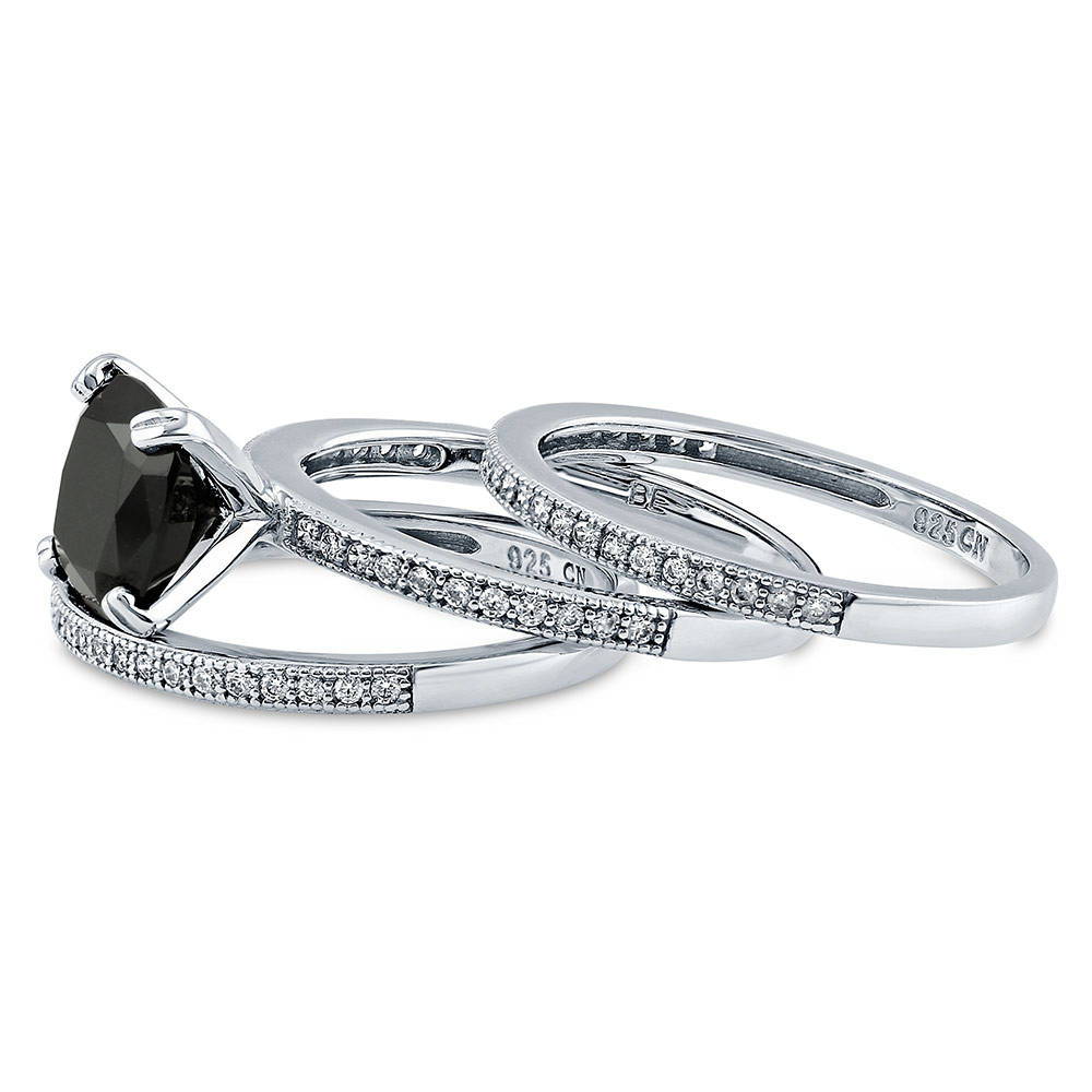 Angle view of Solitaire 3ct Black Cushion CZ Stackable Ring Set in Sterling Silver, 5 of 9