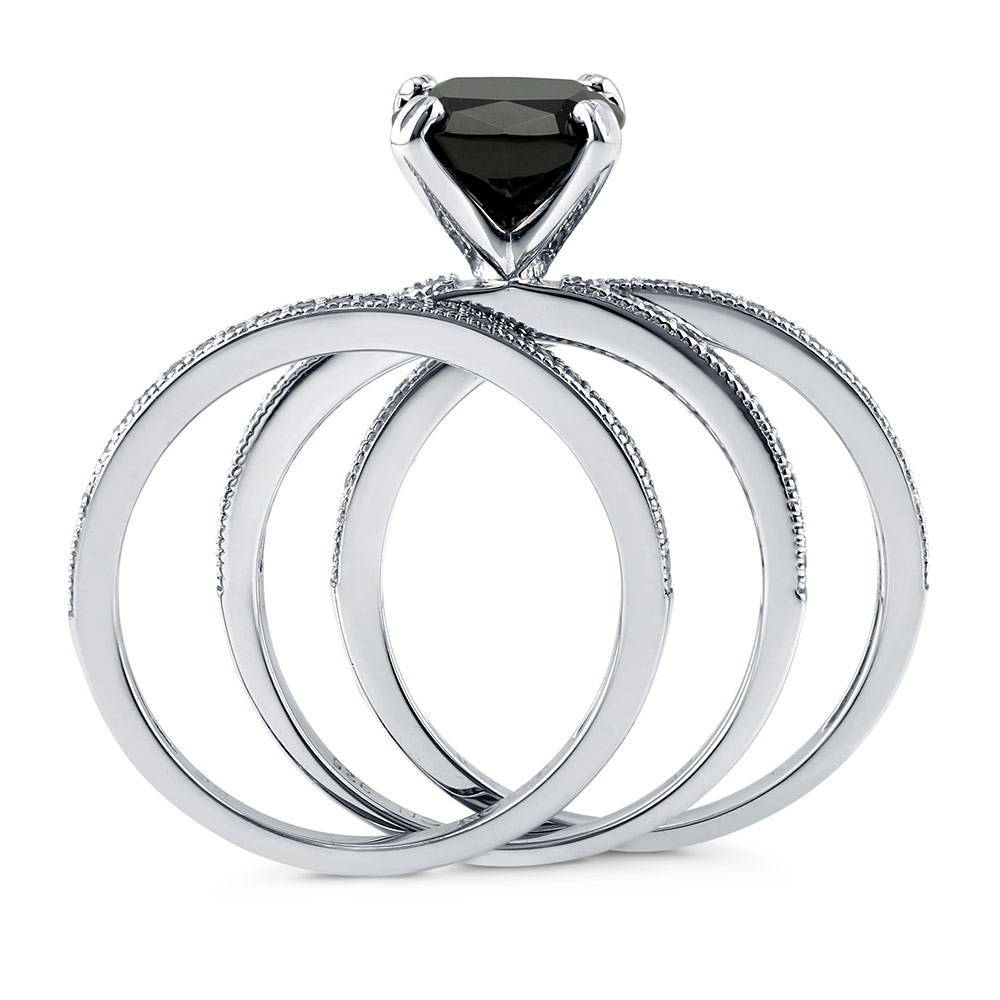 Solitaire 3ct Black Cushion CZ Ring Set in Sterling Silver
