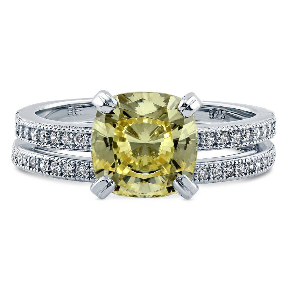 Solitaire Canary Yellow Cushion CZ Ring Set in Sterling Silver