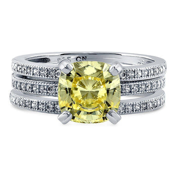 Solitaire 3ct Canary Yellow Cushion CZ Ring Set in Sterling Silver