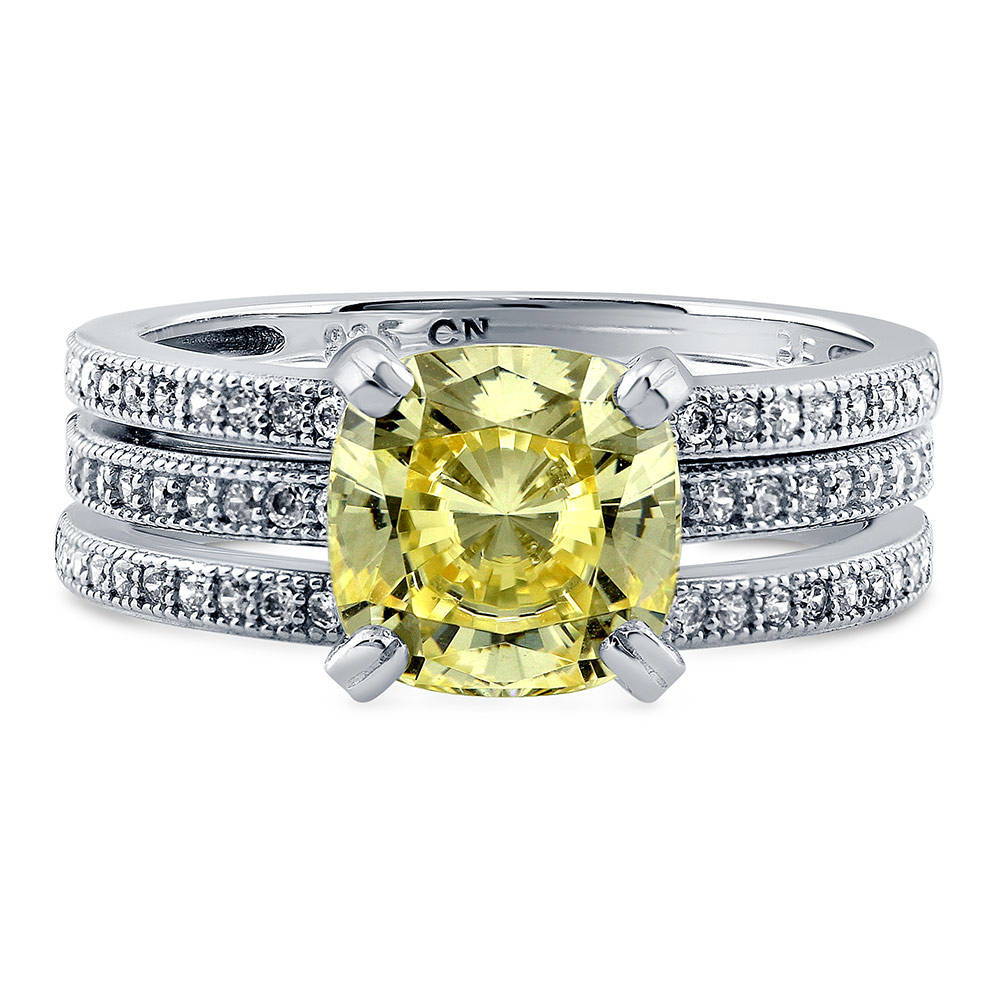 Solitaire Canary Yellow Cushion CZ Ring Set in Sterling Silver