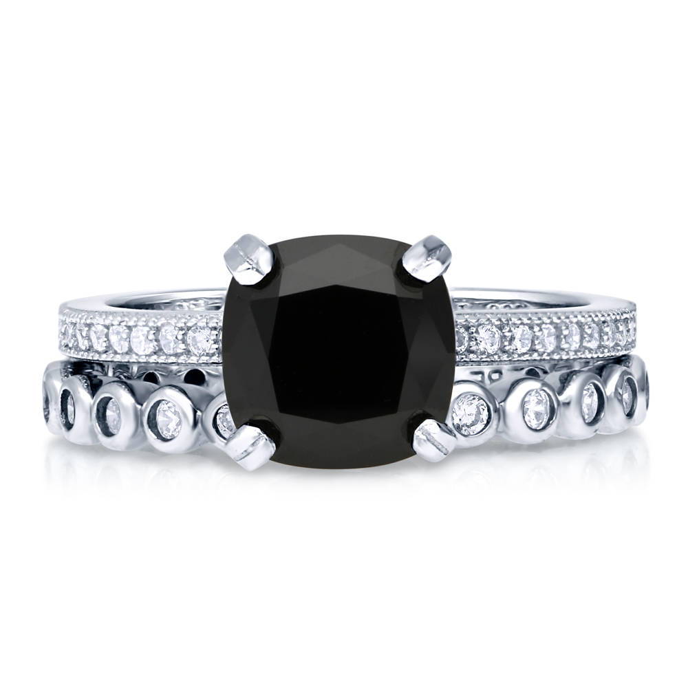 Solitaire 3ct Black Cushion CZ Stackable Ring Set in Sterling Silver
