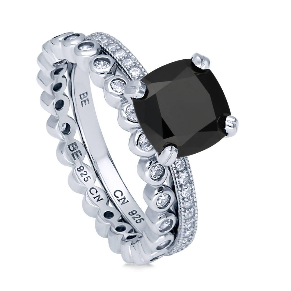 Solitaire 3ct Black Cushion CZ Stackable Ring Set in Sterling Silver