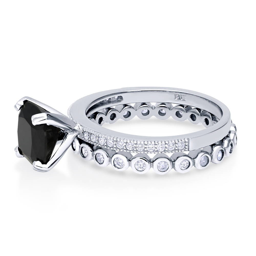 Solitaire 3ct Black Cushion CZ Stackable Ring Set in Sterling Silver
