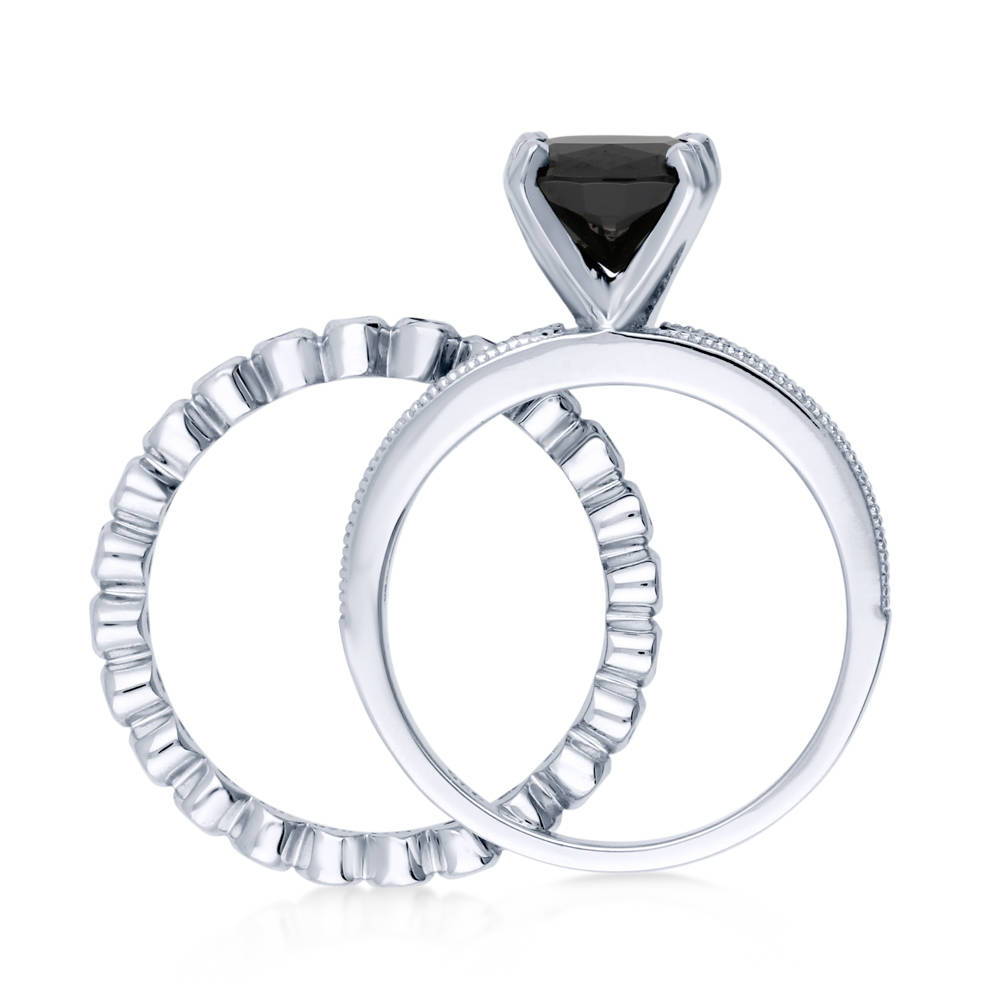 Solitaire 3ct Black Cushion CZ Stackable Ring Set in Sterling Silver