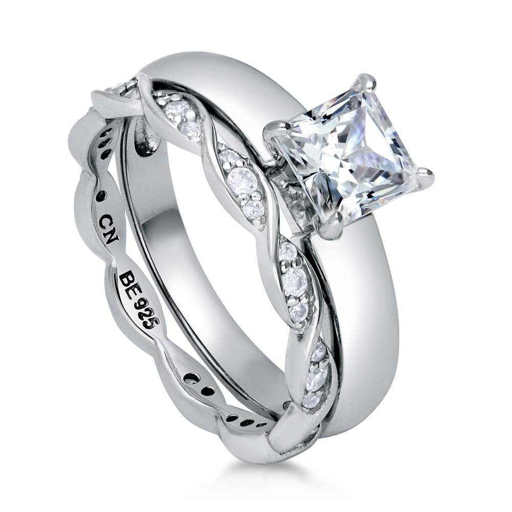 Front view of Solitaire 1.2ct Princess CZ Ring Set in Sterling Silver, 3 of 9