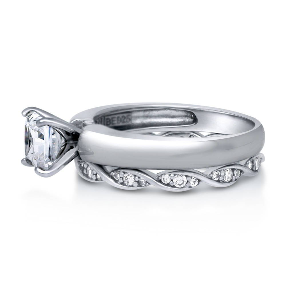 Angle view of Solitaire 1.2ct Princess CZ Ring Set in Sterling Silver, 4 of 9