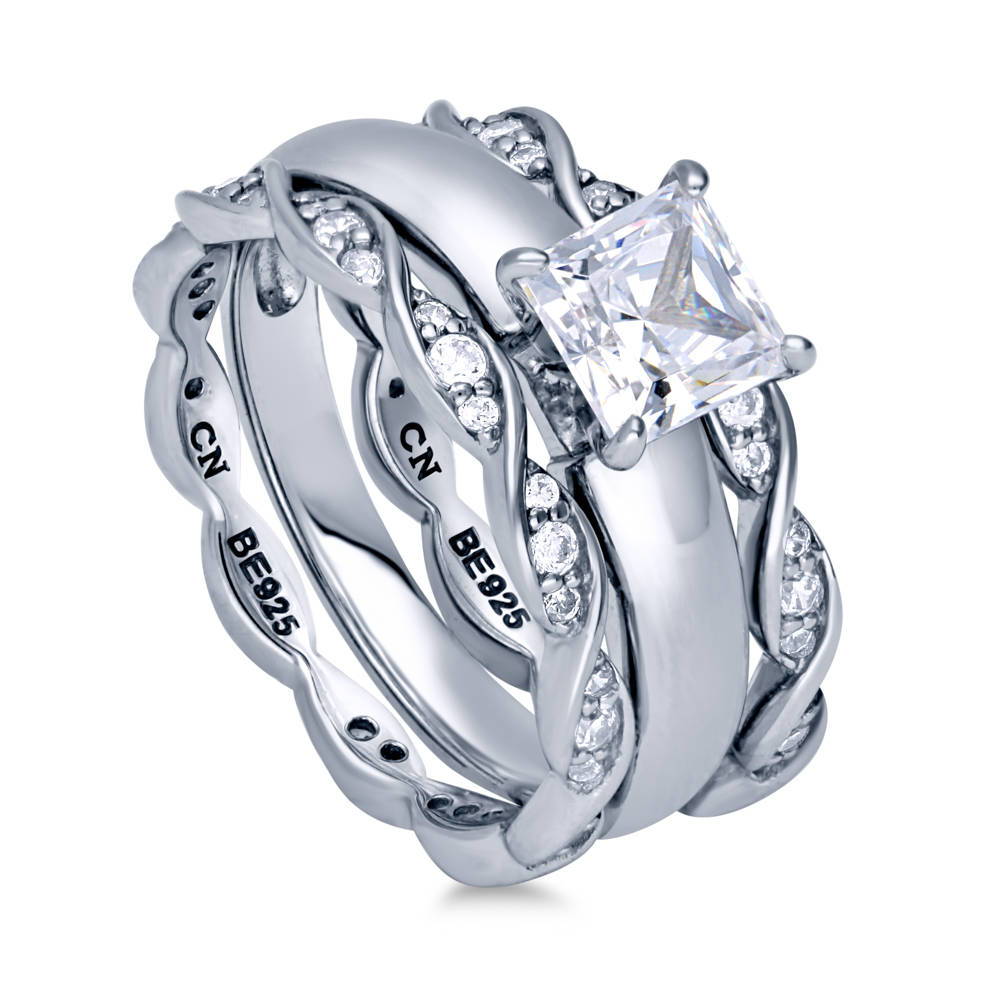 Front view of Solitaire 1.2ct Princess CZ Ring Set in Sterling Silver, 3 of 9