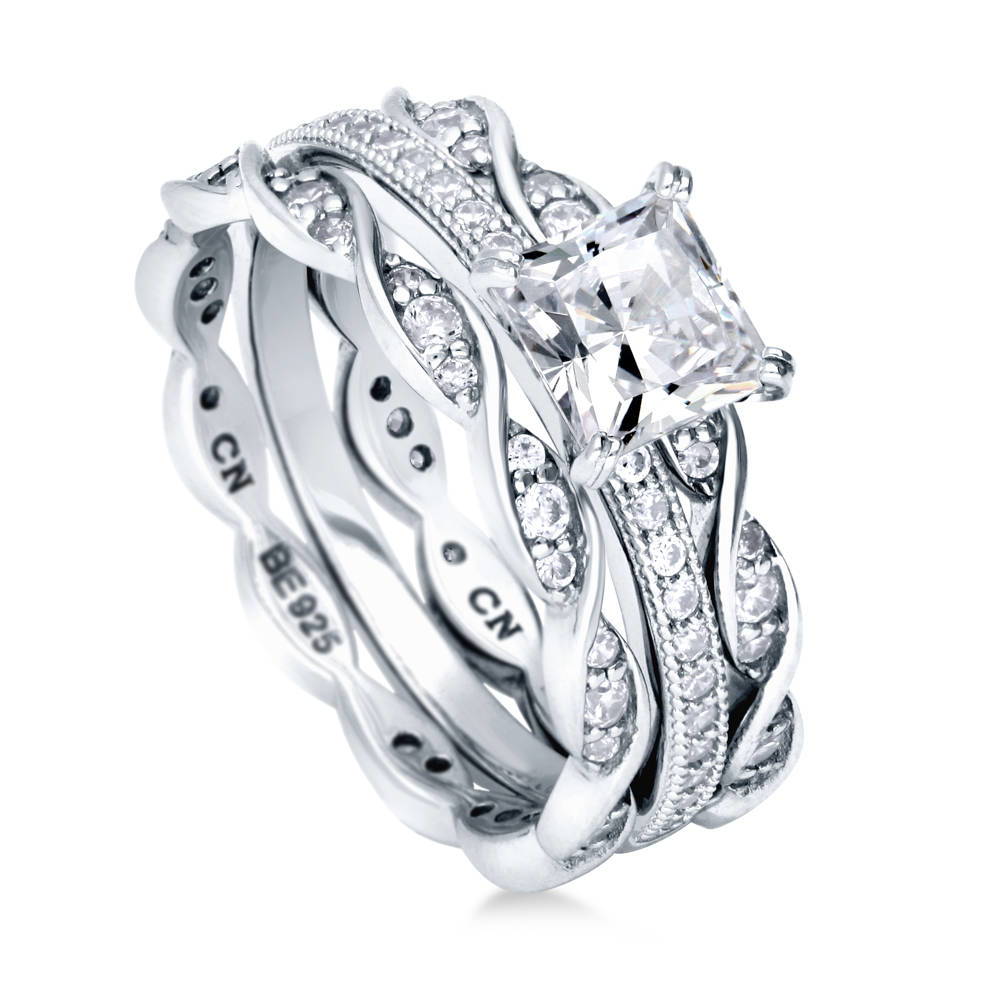 Front view of Solitaire 1ct Princess CZ Ring Set in Sterling Silver, 3 of 9