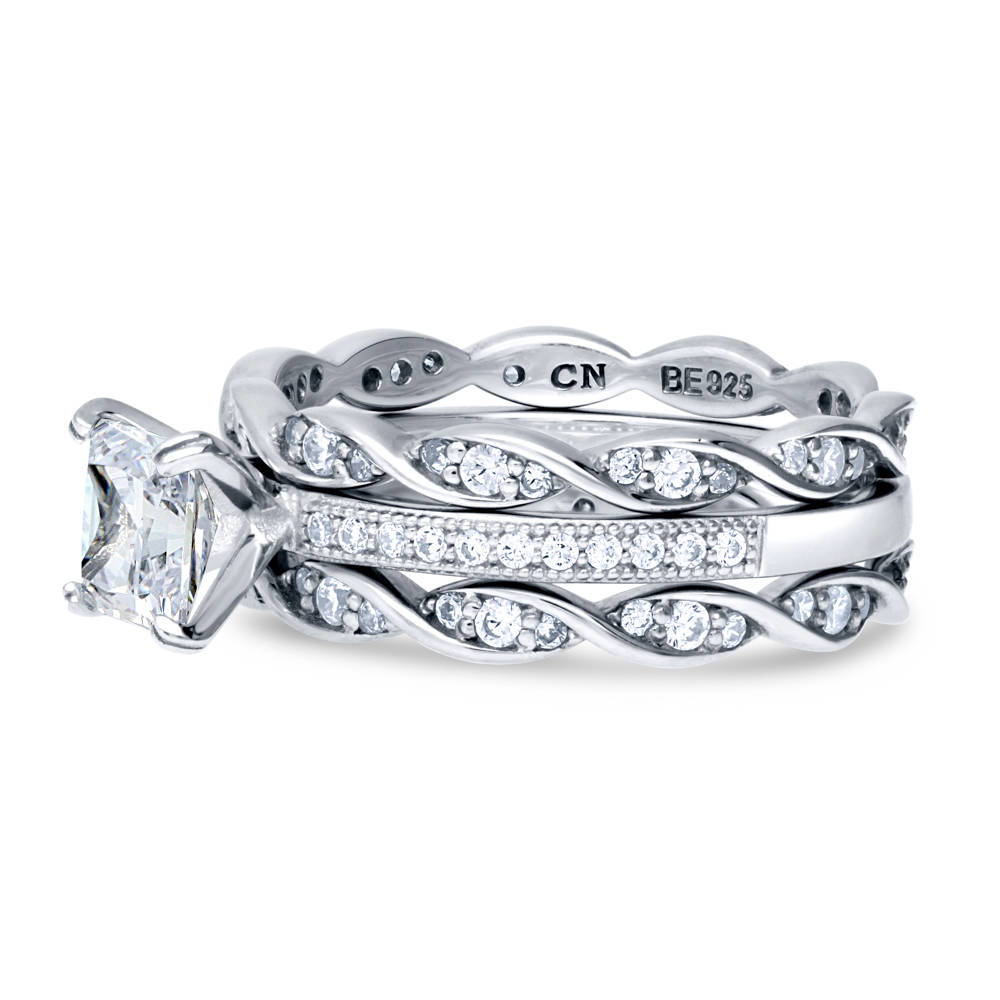 Angle view of Solitaire 1ct Princess CZ Ring Set in Sterling Silver, 4 of 9