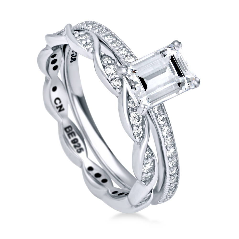 Solitaire 1ct Emerald Cut CZ Ring Set in Sterling Silver