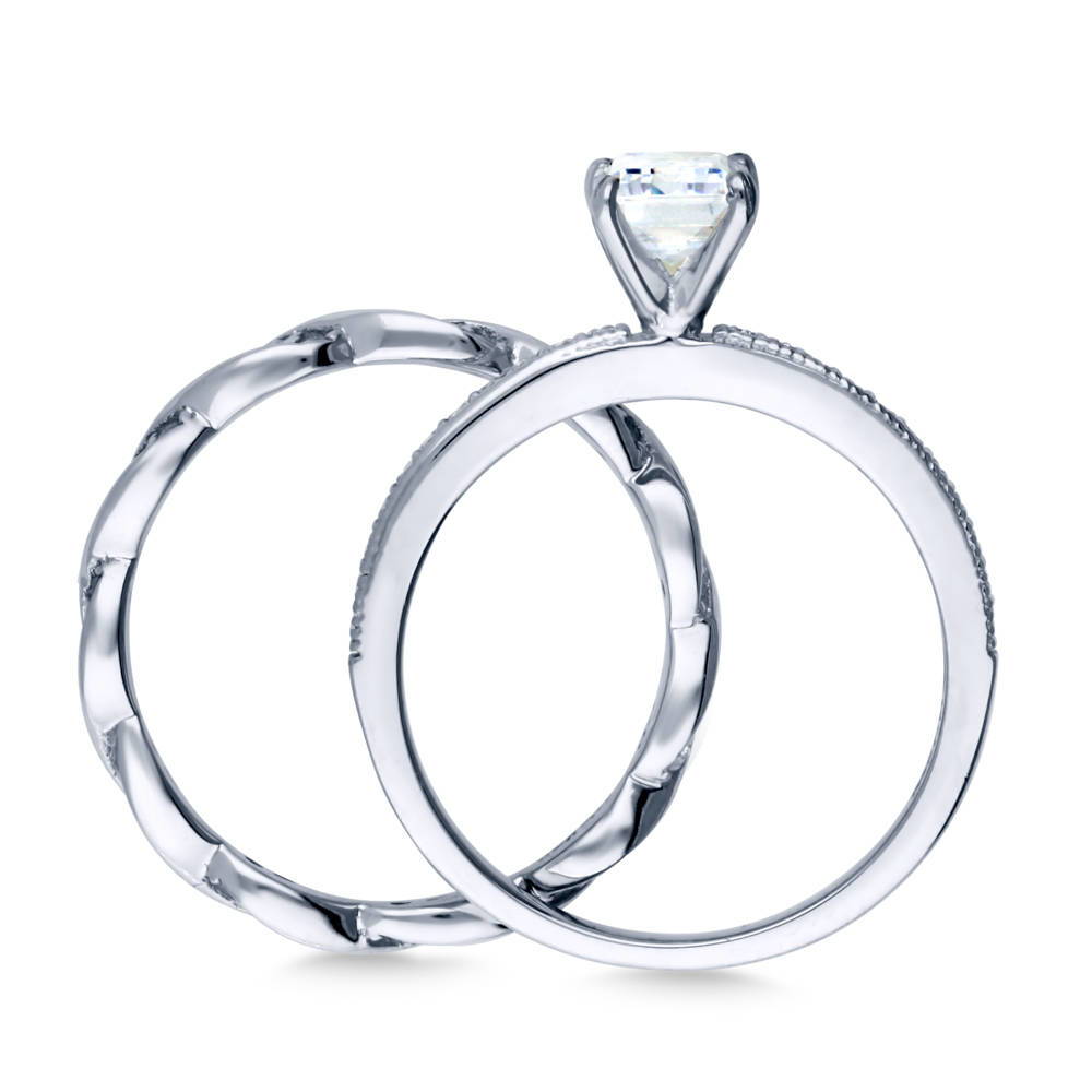 Solitaire 1ct Emerald Cut CZ Ring Set in Sterling Silver