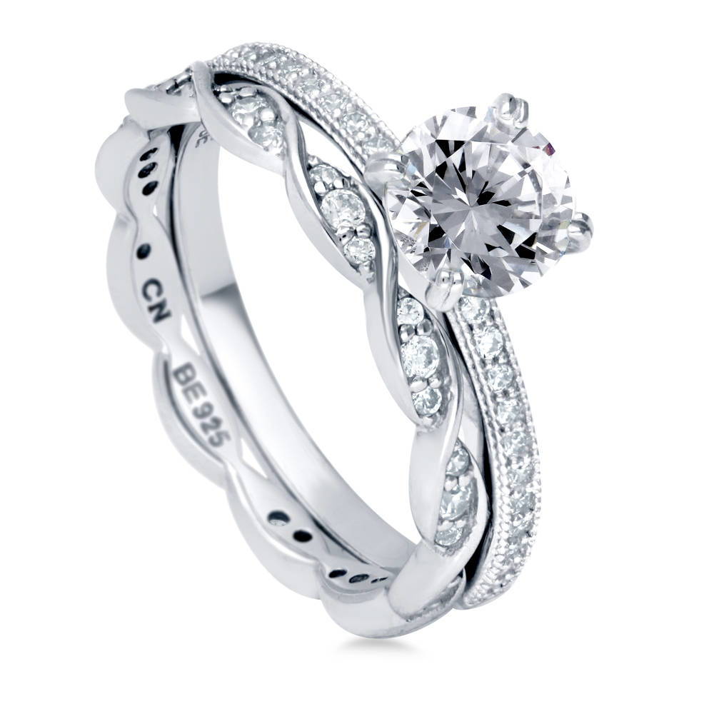 Front view of Solitaire 1ct Round CZ Ring Set in Sterling Silver, 3 of 9