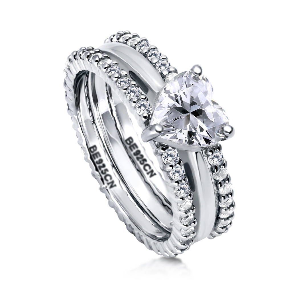 Front view of Heart Solitaire CZ Ring Set in Sterling Silver, 3 of 10