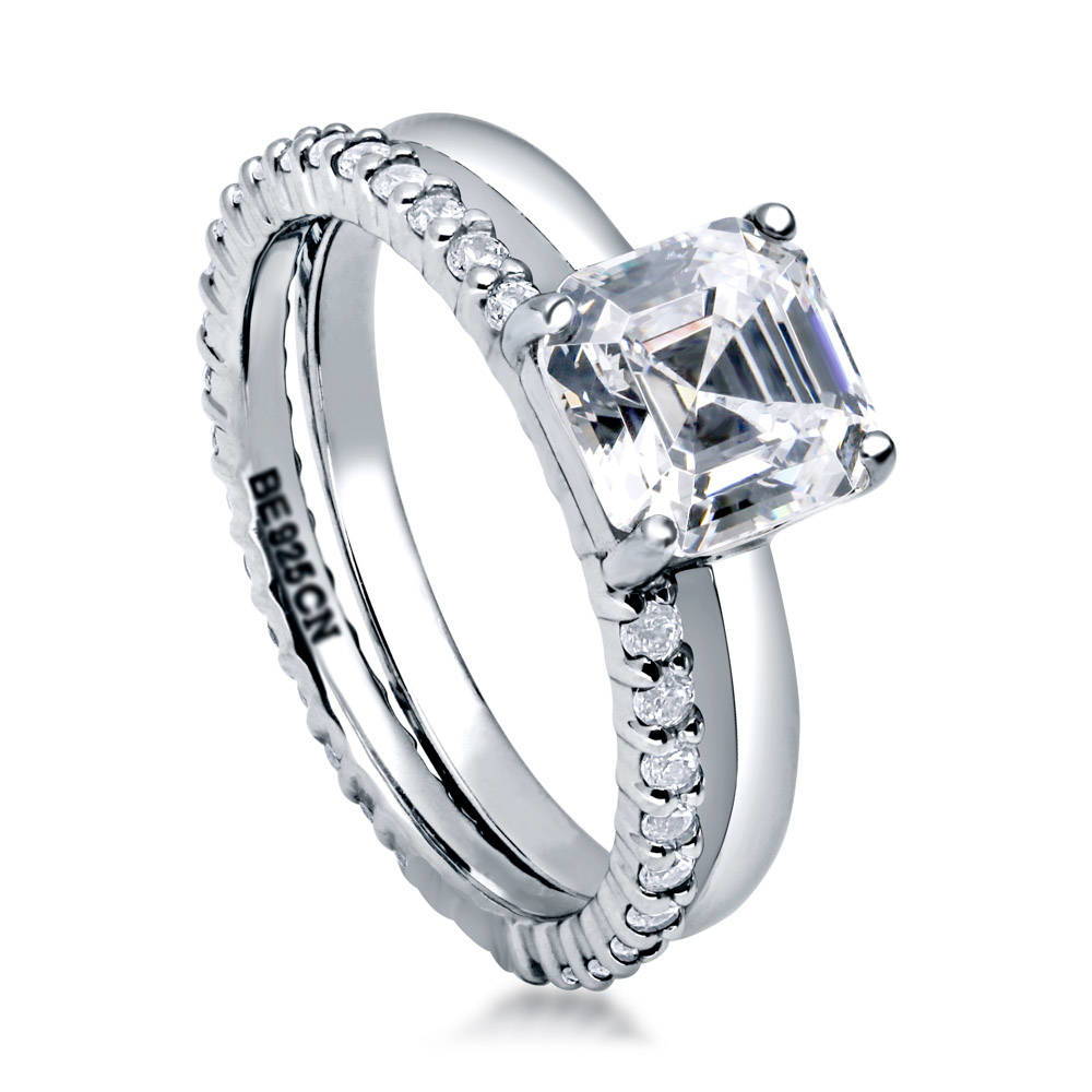 Solitaire 2ct Asscher CZ Ring Set in Sterling Silver