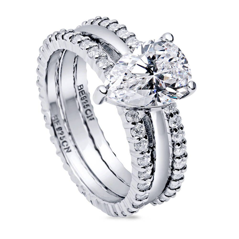 Front view of Solitaire 1.8ct Pear CZ Ring Set in Sterling Silver, 3 of 14